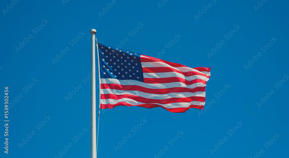 Fototapeta premium American Flag Waving Against Blue Sky