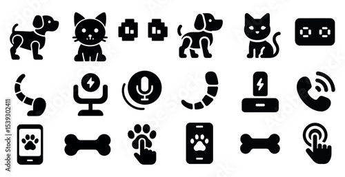Pet care solid icons set – silhouette, filled, animal and veterinary symbols