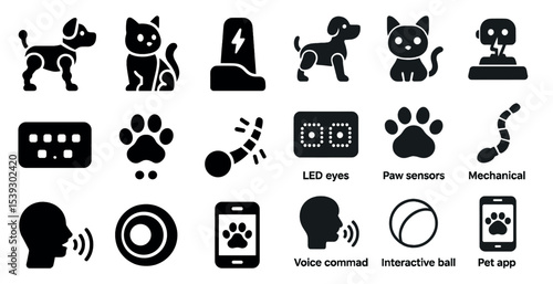 Pet technology solid icons set – silhouette, filled, smart device and gadget symbols