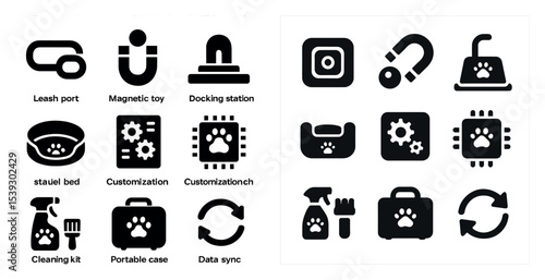 Pet technology icons set – solid, filled, smart tech and innovation symbols
