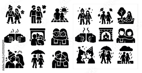 Winter and couple silhouette icons set – solid, cozy, romantic symbols