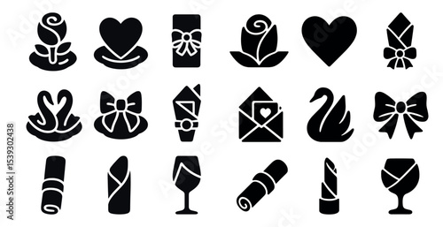 Romantic silhouette icons set – love, heart, wedding and valentine symbols