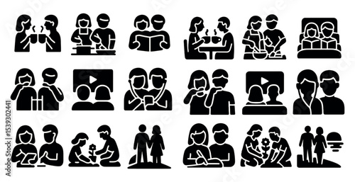 Family and relationship filled icons set – solid, silhouette, social and community symbols