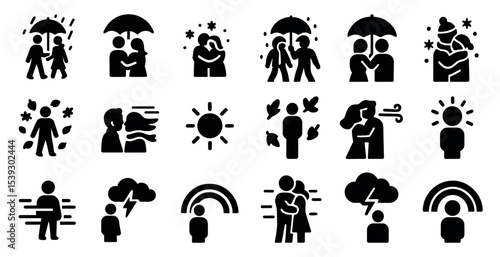 Weather and emotion solid icons set – filled, silhouette, mood and climate symbols