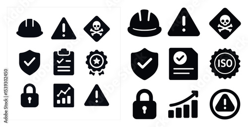 Safety and warning solid icons set – alert, protection, caution symbols collection
