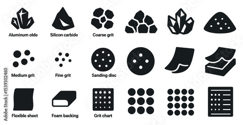 Industrial materials silhouette icons set – flat, filled, grit and sanding symbols