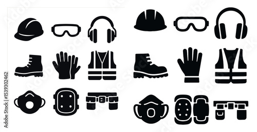 Construction safety silhouette icons set – protective gear, equipment, work symbols