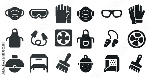 Safety equipment icons set – solid, filled, protective and security symbols