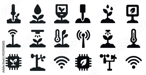 Smart farming and gardening solid icons set – silhouette, agricultural, sustainability tools