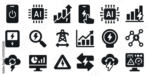 Energy and technology icons set – solid, filled, power and innovation symbols