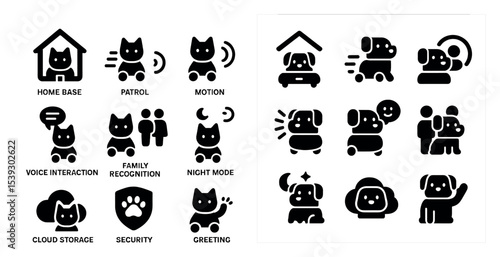 Home security solid icons set – silhouette, protection, smart technology symbols