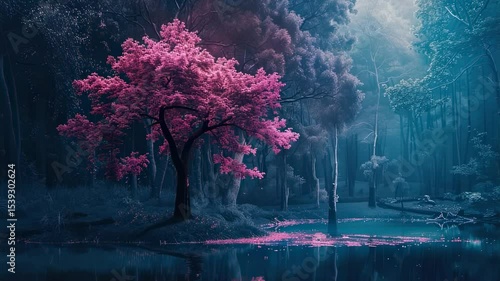 Dreamy forest landscape with pink blossom tree reflecting in water