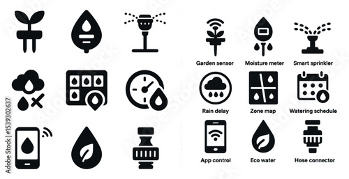 Irrigation and gardening icons set – solid, filled, smart watering tools