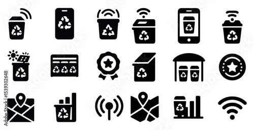 Recycling solid icons set – flat, filled, eco-friendly waste management symbols