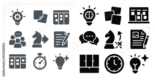 Project management solid icons set – flat, filled, planning and productivity symbols