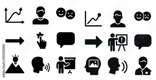 Business and communication icons set – solid, filled, professional and marketing symbols