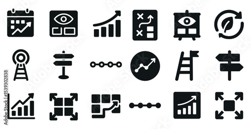 Business analysis solid icons set – filled, flat, strategy and growth symbols