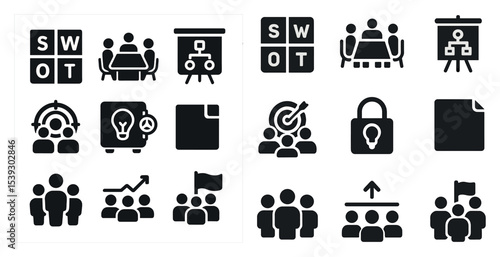 Business planning solid icons set – filled, silhouette, corporate strategy graphics