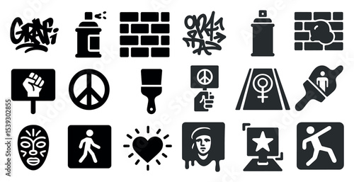 Urban graffiti solid icons set – street art, protest, peace symbols