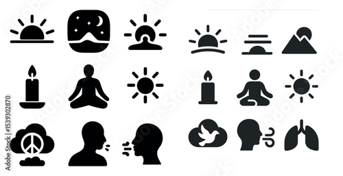 Mindfulness and wellness icons set – silhouette, meditation, peace symbols