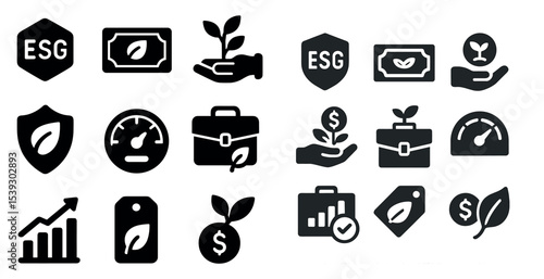 Esg and sustainability solid icons set – filled, eco, growth symbols