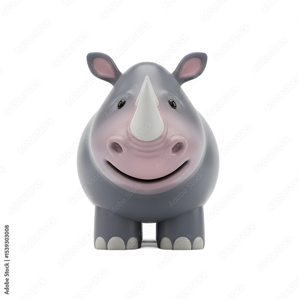 Cartoon Rhinoceros Facing Forward With Gray Skin White Horn and Pink Details on Transparent Background Cartoon Rhinoceros Facing Forward With Gray Skin White Horn and Pink Details on Transparent Background