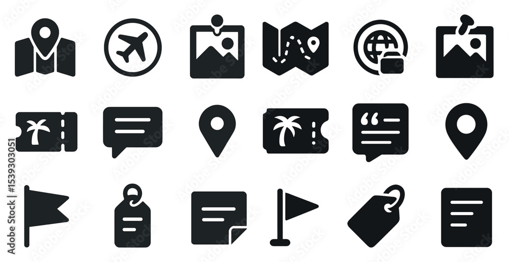 Travel and navigation solid icons set – flat, map, direction symbols for journeys Travel and navigation solid icons set – flat, map, direction symbols for journeys
