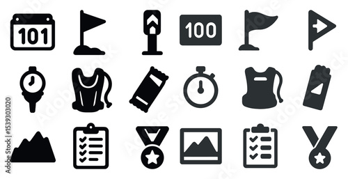 Marathon and running silhouette icons set – filled, exercise, fitness symbols