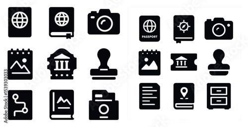 Travel and document solid icons set – filled, passport, itinerary symbols