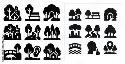 Nature and park solid icons set – filled, outdoor, greenery and recreation symbols