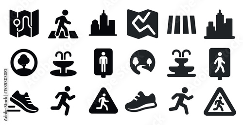 City navigation solid icons set – urban, filled, wayfinding and map symbols