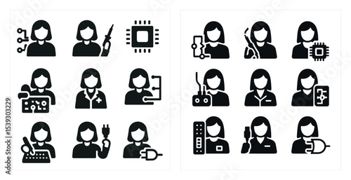 Engineering and technology icons set - filled, solid, circuit and electronics symbols