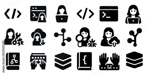 Developer tools solid icons set – programming, coding, software visuals