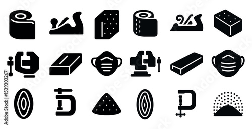 Woodworking solid icons set – tools, carpentry, and craftsmanship symbols