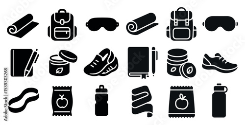 Travel and tourism solid icons set – filled, silhouette, vacation symbols