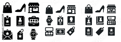 Shopping and retail solid icons set – filled, shop, commerce symbols