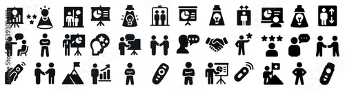 Business and corporate icons set – solid, silhouette, professional and office symbols