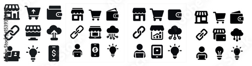 E-commerce and shopping solid icons set – flat, filled, retail and online symbols