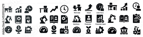 Work and productivity solid icons set – flat, filled, office and management symbols