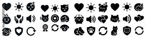 Pet and emotion silhouette icons set – solid, filled, animal care symbols