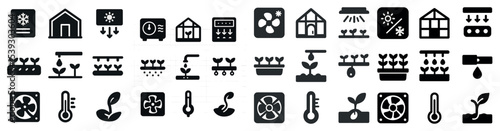 Greenhouse and indoor farming icons set – solid, filled, plant growing symbols