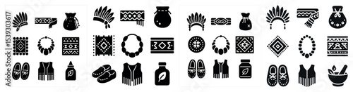 Bohemian style silhouette icons set – ethnic, tribal, boho and cultural symbols