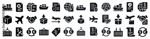 Logistics and shipping solid icons set – filled, transport, delivery symbols