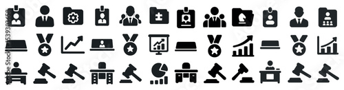Business and office icons set – silhouette, solid, corporate and work symbols