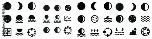 Moon phases solid icons set – silhouette, filled, lunar and celestial symbols