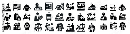 Hospitality and tourism icons set – solid, filled, travel and leisure symbols