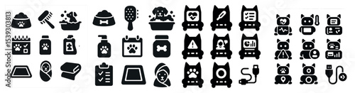 Pet care solid icons set – silhouette, filled, grooming and veterinary symbols