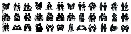 Family and relationships silhouette icons set – outline, solid, love and community symbols