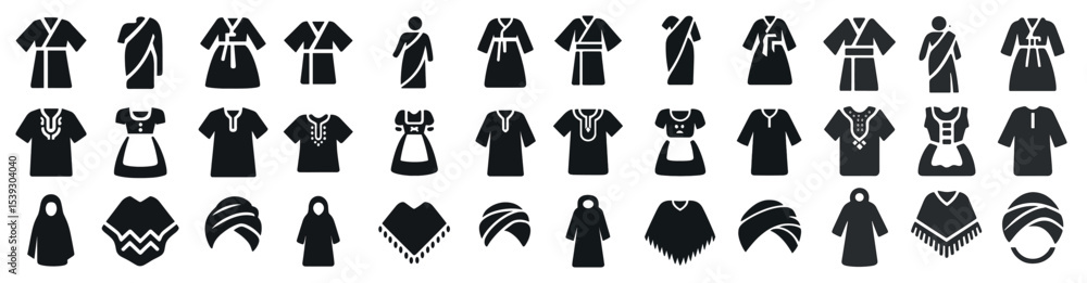Traditional clothing silhouette icons set – filled, cultural, fashion symbols Traditional clothing silhouette icons set – filled, cultural, fashion symbols