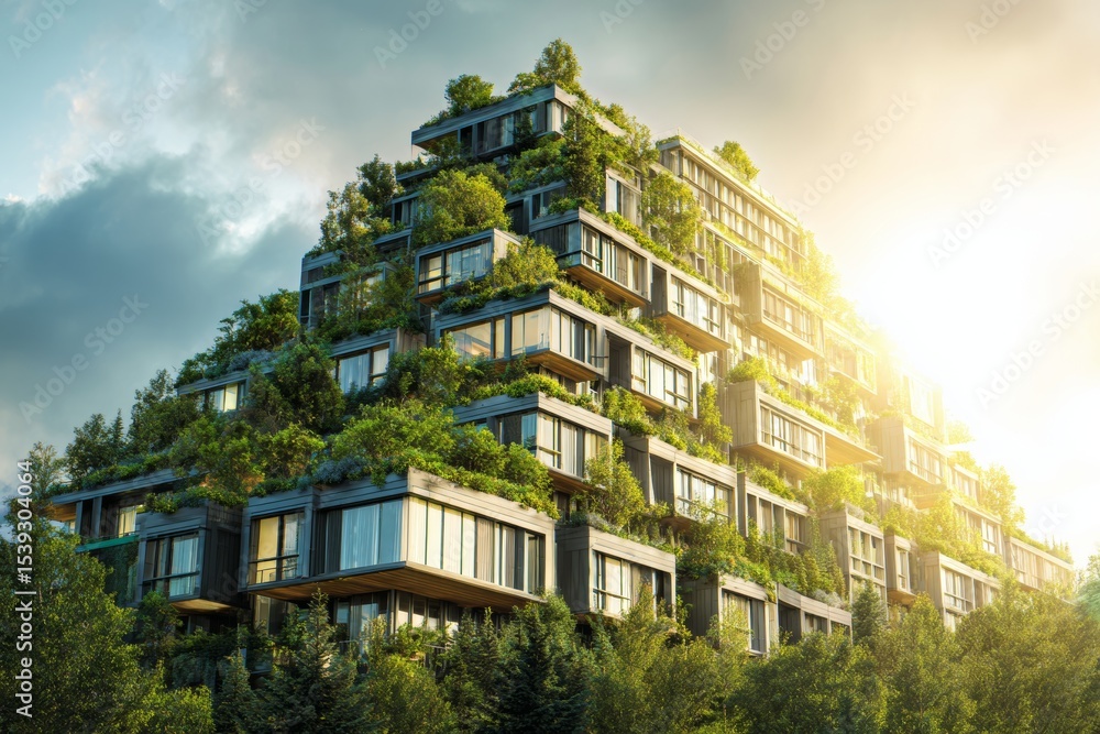 Fototapeta premium Futuristic green buildings showcase modern eco-architecture with lush rooftop gardens on a sunny day